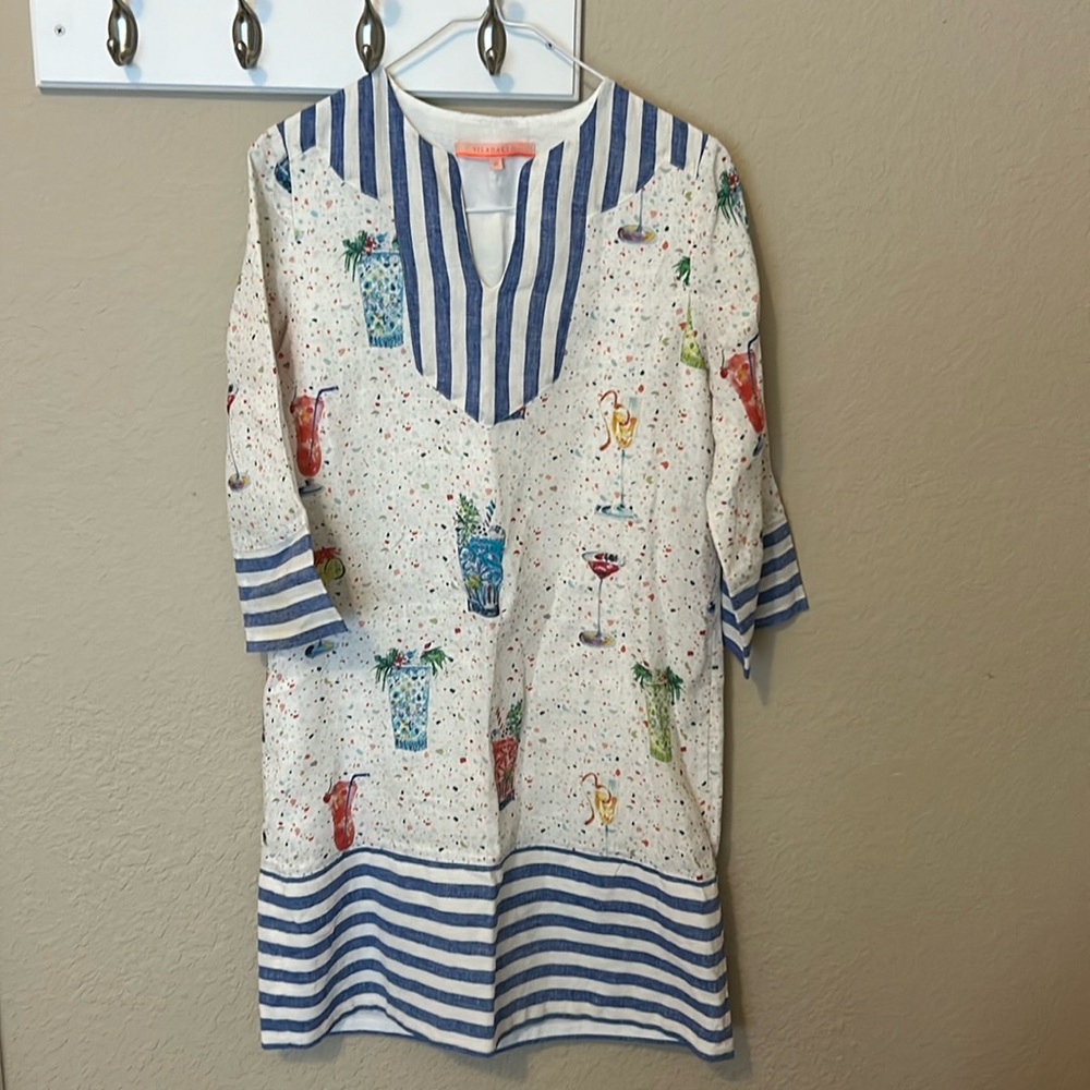 Vilagallo Blue Stripe Martini Cocktail Print Tunic Dress Linen